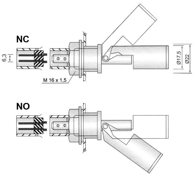 Simma kontakttråd M16x1.5 1No eller 1NC Ø 175mm 250V L 96mm mycket i Ø 19mm 5A