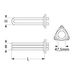 Värmare 4500W 230V L 316mm 3-håls flänsanslutning M4 Pipe Ø 63mm VK 3 LA 62mm H 34mm