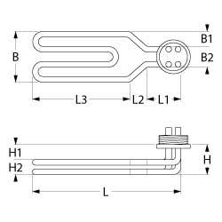 Uppvärmningsläckor 1500W 230V L 295mm L1 45mm L2 45mm Mmm Mmmmmmm B1 34mm B2 26mm H1 20mm H2 7mm