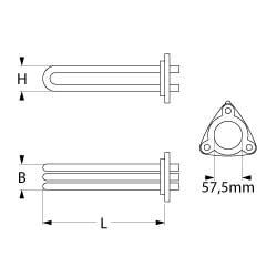 Värmare 12500W 230V L 630mm 3-håls flänsanslutning M5 Pipe Ø 85mm VK 3 LA 76mm H 48mm