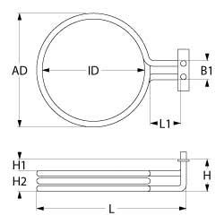 Värmare 2500W 230V L 255mm L1 55mm B1 25mm H1 2mm H2 18mm fyrkantig fläns med gängad bult