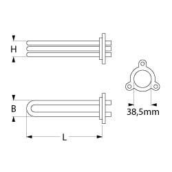 Värmare 2800W 230V L 300mm 3-håls flänsanslutning Flat Plug 6.3 mm Tube Ø 63mm VK 2