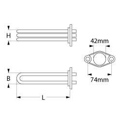 Värmare 2800W 230V L 340mm 2-håls flänsanslutning Flat Sticks 6.3 mm Pipe Ø 63mm VK 1