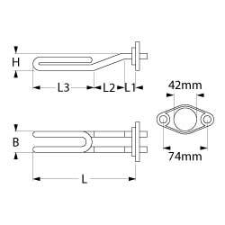 Värmeelement 3000W 230V Värmekretsar 3montering Ø 42 mm hålavstånd 74mm L 310mm W 35mm