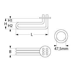 Värmare 2700W 230V L 257mm H1 11mm H2 34mm Rund flänsanslutning Flat Sticks 6.3 mm Pipe Ø 63mm