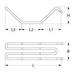 Uppvärmningsläckor 1500W 230V L 350mm L1 130mm L2 110mm L3 110mm anslutning Flat Sticks 6.3 mm Tråd -