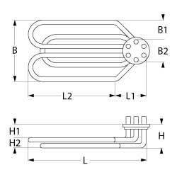 Värmare 6000W 230V L 335mm L1 55mm L2 280mm B1 44mm B2 42mm H1 29mm H2 20mm