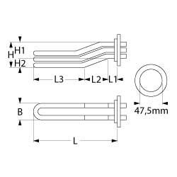 Värmare 6600W 240V L 282mm L1 20mm L2 52mm L3 210mm H1 35mm H2 22mm rund fläns