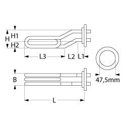 Värmare 2800W 220V L 220mm L1 20mm L2 35mm L3 170mm H1 25mm H2 25mm rund fläns