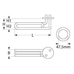 Värmare 2800W 230V L 245mm H1 19mm H2 35mm Rund flänsanslutning Flat Sticks 6.3 mm Pipe Ø 63mm