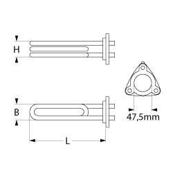 Värmare 2600W 230V L 250mm 3-håls flänsanslutning M4 Pipe Ø 63mm VK 1 LA 62mm H 24mm