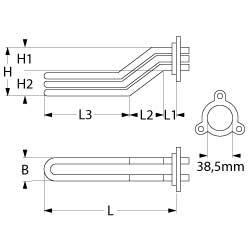 Värmare 6000W 230V L 360mm L1 35mm L2 70mm L3 255mm H1 27mm H2 28mm 3-Hödfländ