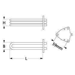 Värmare 5790W 230V L 595mm 3-HulSflange Connection Flat Sticks 6.3 mm Pipe Ø 8mm VK 3 LA 59mm