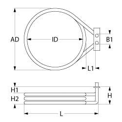 Uppvärmningsläckor 1500W 230V L 210mm L1 12mm B1 30mm H1 8mm H2 19mm Mod Ø 63mm VK 1 LA 56mm ID Ø 176mm