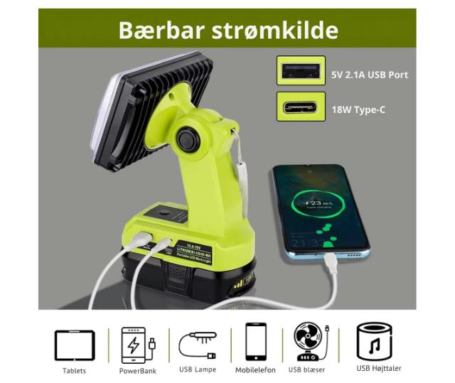 LED arbetslampa för Ryobi ONE+ 14,4V och 18V batteri