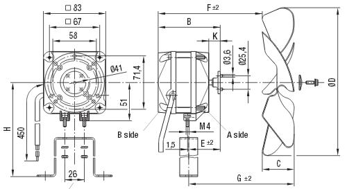 Fläktmotor 7W 230V 50Hz L1 43mm L3 81mm W 83mmcable Längd 450mm