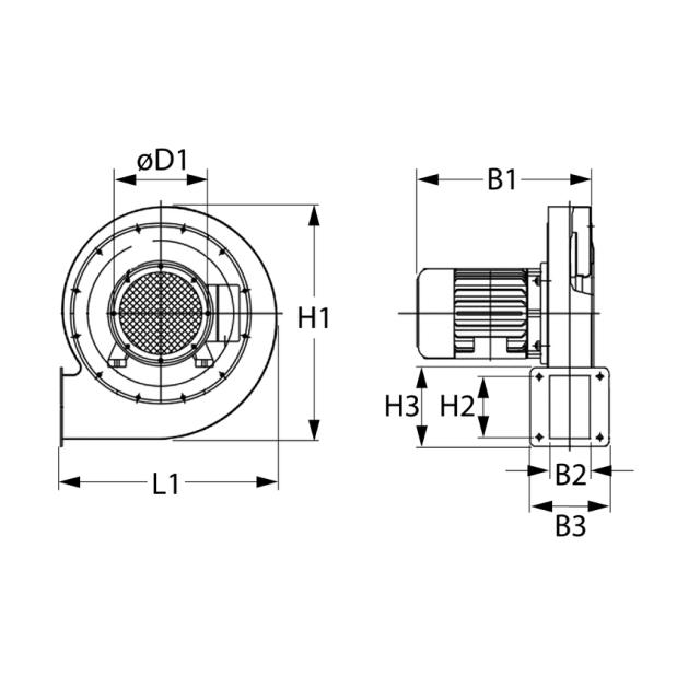 Radialventilator 65/80W 230V L1 195mm B1 71M B2 445mm B3 49mm H1 190mm H2 47mm H3 68mm