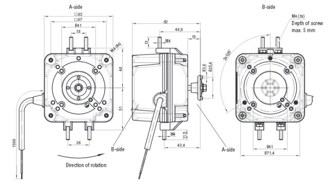 FALATO MOTOR EBM-PAPST 10W 230V 1300o/min hyresballelj L1 435mm L3 82mm kabellängd 1500mm