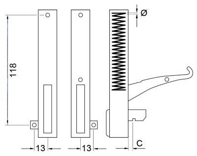Ugnsgångjärnens monteringsavstånd 118mmleverlängd 120 mm fjädertjocklek 3,8 mm l 155mm