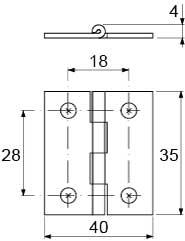 Gångjärn mässing h 4mm l 40mm b 35mm materialstyrka 13 mm hål Ø 5mm ba 28mm